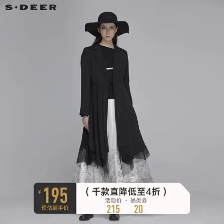 sdeer圣迪奥春秋装女装蕾丝拼接收腰中长款翻领黑色风衣S20181808🕸商品大图