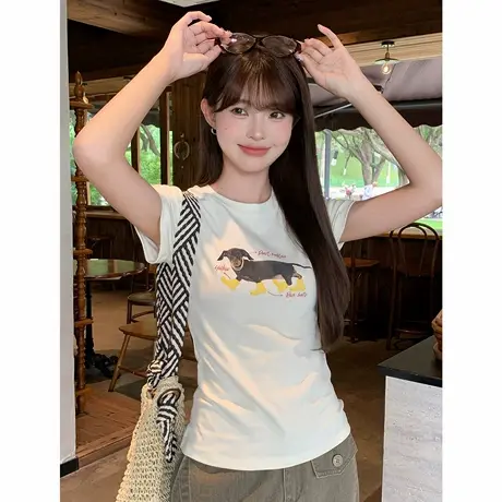 尔给夏季修身显瘦T恤女白色百搭时尚休闲印花圆领ins韩版收腰上衣图片