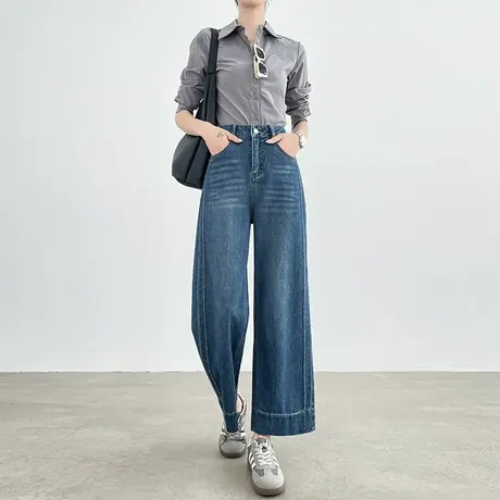 蓝色复古九分直筒牛仔裤女夏季薄款高腰宽松显瘦垂感小个子阔腿裤商品大图