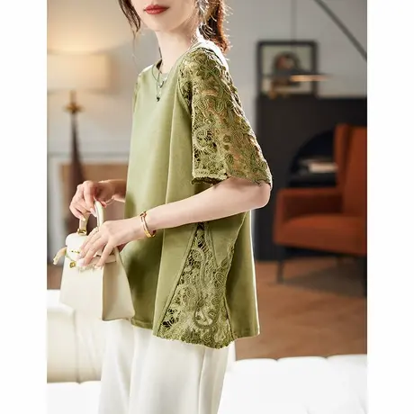 宝诗黎蝙蝠袖蕾丝镂空短袖T恤女2025夏季设计感拼接棉质宽松上衣图片