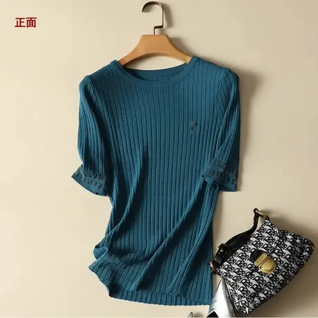 清仓！冰丝针织衫女薄款上衣2022秋季新款蕾丝五分袖修身显瘦短袖商品大图