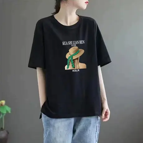 黑色纯棉圆领夏季短袖t恤女士2025新款印花宽松大码胖mm半袖上衣商品大图