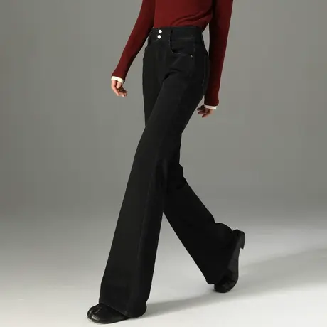 黑色裤子加绒微喇牛仔裤女高腰2024冬季新款显瘦马蹄裤秋冬喇叭裤商品大图