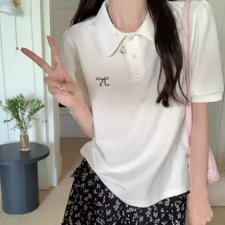 蝴蝶结刺绣正肩短袖T恤女夏季宽松韩版打底衫内搭娃娃领半袖上衣图片