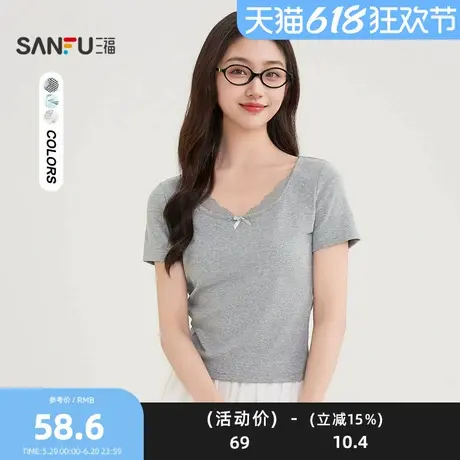 三福短T恤2025夏季蕾丝圆领露背拼接短款时尚上衣女装502135商品大图
