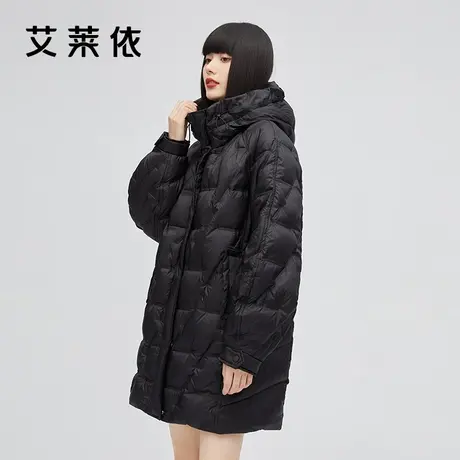 艾莱依几何压印羽绒服女新款设计感中长款连帽光泽感时尚冬季外套图片