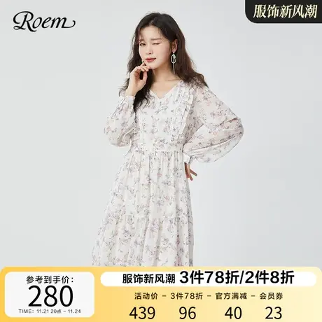 Roem商场同款新品韩式碎花雪纺甜美可爱长袖V领中长气质连衣裙图片