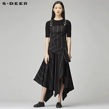 sdeer圣迪奥2018秋装不规则裙摆条纹刺绣背带长裙连衣裙S18181212图片