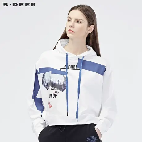 sdeer圣迪奥2019春休闲连帽蓝白撞色印花不规则短款外套S19182241图片