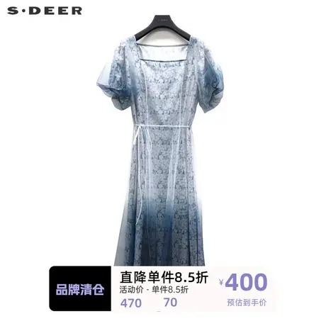 sdeer圣迪奥女装方领碎花收腰网纱泡泡袖连衣裙S223Z12Z7商品大图