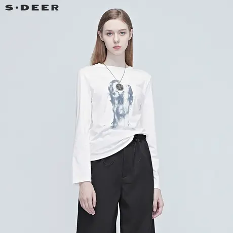 sdeer圣迪奥秋夏简约人物抽象印花长袖基础款打底T恤女S20380220图片