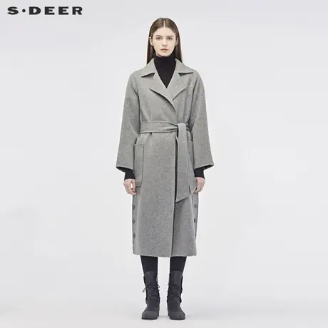 sdeer圣迪奥女装平驳领夸张贴袋开衩下摆收腰长款风衣S184818A6图片
