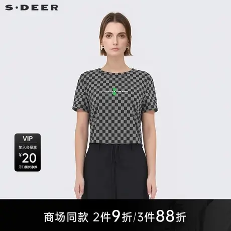 【商场同款】sdeer圣迪奥女个性圆领字母棋盘格短款T恤S25280110图片