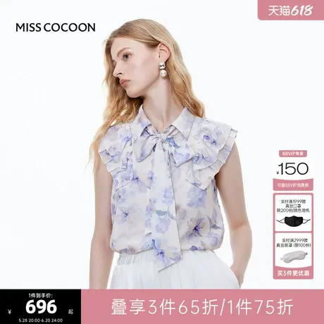 MISS COCOON可可尼雪纺印花宽松上衣2025夏季新款系带无袖衬衫女商品大图