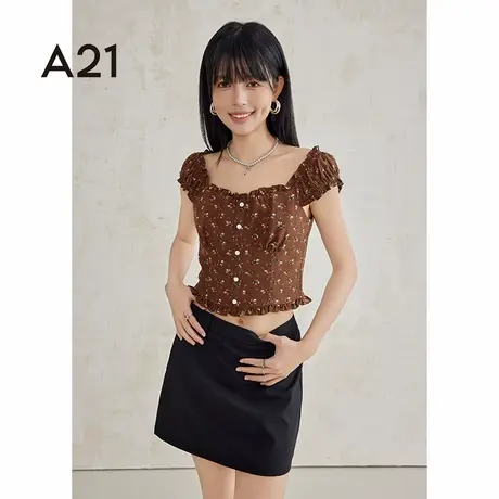 A21女装套头短袖衬衫碎花设计感insT恤打底衫女图片