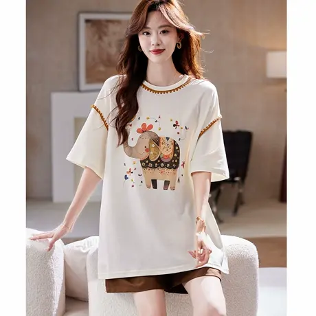 宝诗黎圆领钉珠印花短袖T恤2025夏季宽松洋气百搭棉质休闲上衣女图片