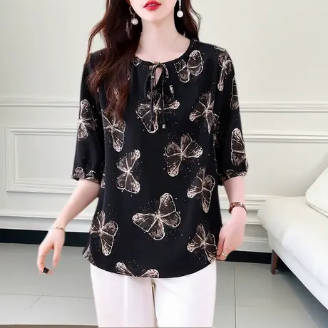 中袖雪纺衬衫女2025新款夏季宽松遮肚子显瘦洋气妈妈上衣薄款小衫图片