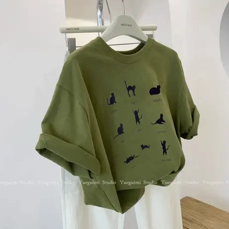 复古绿色猫咪短袖t恤女2024夏季新款设计感小众宽松休闲百搭上衣商品大图
