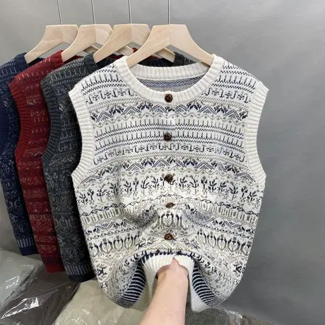 2024秋冬新款韩版圆领提花针织马甲宽松外穿坎肩背心上衣开衫女商品大图