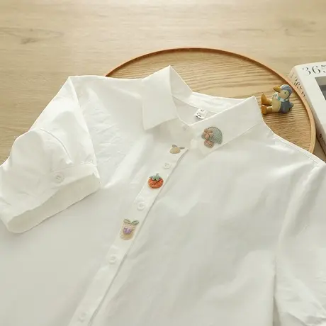 夏季新款韩版文艺小清新卡通刺绣纯棉白衬衫女短袖减龄打底衫学生图片