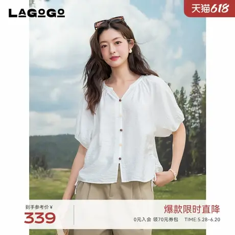 LAGOGO简约舒适短袖衬衫女拉谷谷2025年夏季新款V领法式浪漫上衣商品大图