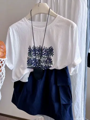 凉凉舒适感！植物绘画水洗雪花棉设计感圆领宽松白色短袖T恤女夏商品大图