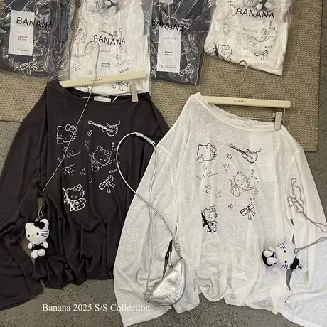 2025夏季美式卡通KT猫印花薄款慵懒长袖T恤女百搭宽松露肩上衣潮商品大图