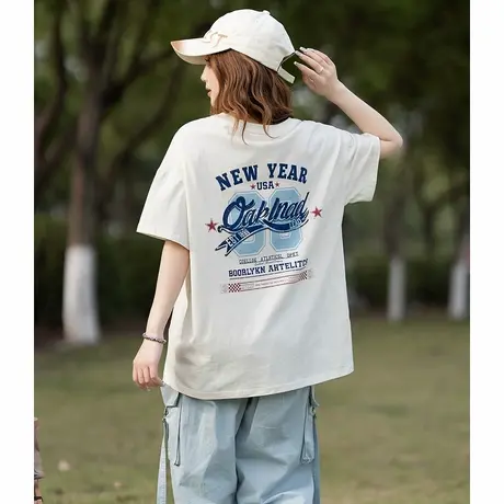唐狮新款夏季复古美式短袖T恤女白色纯棉夏日穿搭休闲百搭潮官方商品大图
