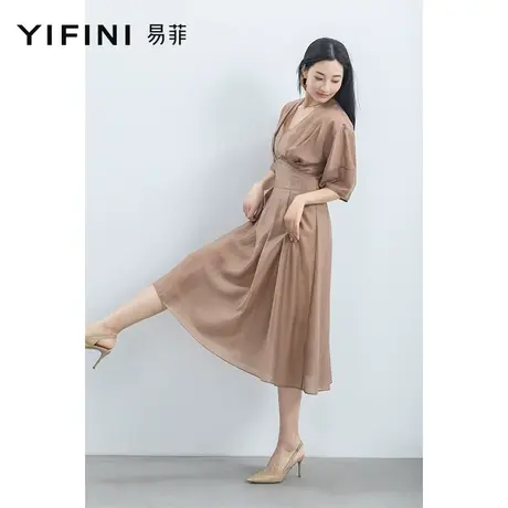 Yifini/易菲优雅气质中长款V领连衣裙女2023夏季新款高腰茶歇裙图片