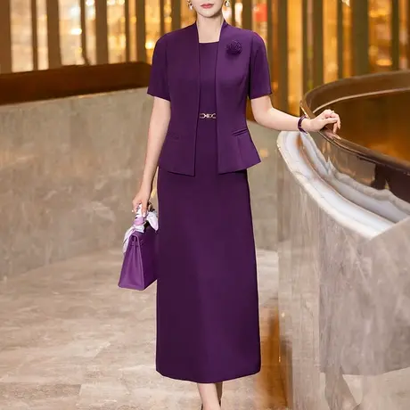 紫色西装套装女2025夏季新款高级感时尚气质连衣裙职业西装两件套商品大图