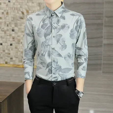 免烫休闲花衬衣青年潮流寸衫上衣男士长袖韩版修身春夏薄款花衬衫商品大图