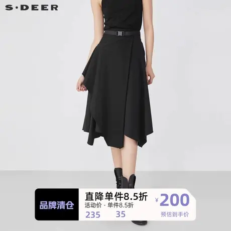 sdeer圣迪奥女装时尚腰带拼接不规则黑色A字长裙S21461114商品大图