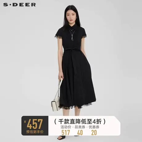 sdeer圣迪奥女装风琴褶网纱收腰蕾丝衬衫连衣裙S232Z12D7商品大图