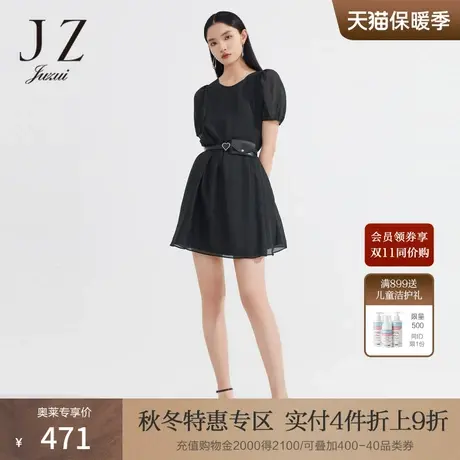 JZ玖姿小个子纯色泡泡袖裙子女2022夏季新款圆领时尚压褶连衣裙图片