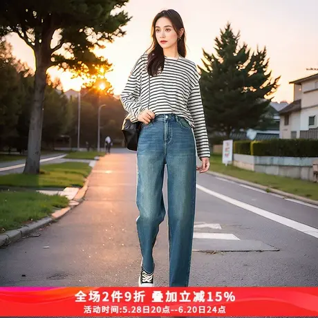 娅丽达窄版阔腿牛仔裤女宽松复古大码女裤2024年秋装新款直筒裤子商品大图