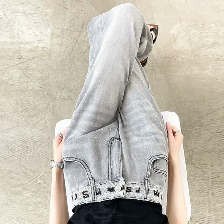 烫钻蕾丝刺绣字母天丝棉阔腿牛仔裤女夏季高腰宽松烟灰色直筒裤子商品大图