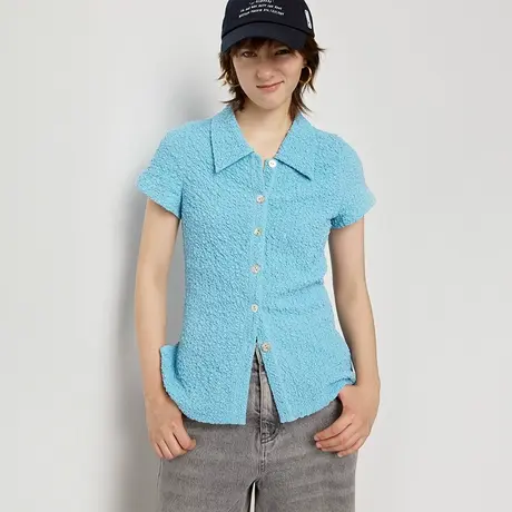 omont蛋挞家 复古设计感短袖衬衫夏季新款肌理感修身显瘦上衣商品大图