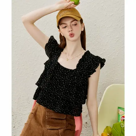 a02立体泡泡皱感小碎花飞飞袖雪纺衫夏季休闲设计感女式衬衫商品大图