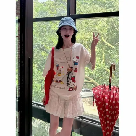 2025夏季新款Hello Kitty白色T恤女洋气时尚印花穿搭可爱甜妹上衣商品大图