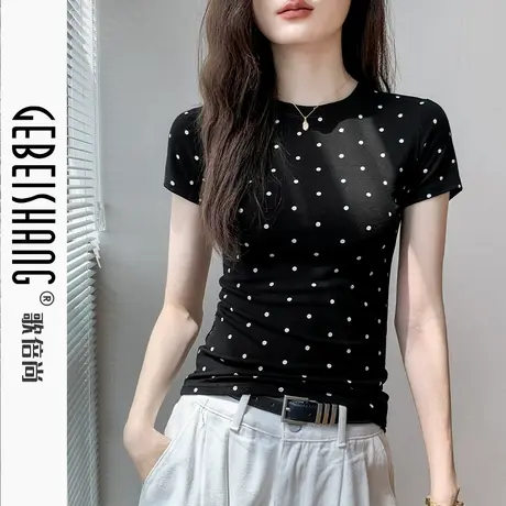 歌倍尚圆领波点印花短袖T恤女2025夏季新款时尚百搭修身别致上衣图片