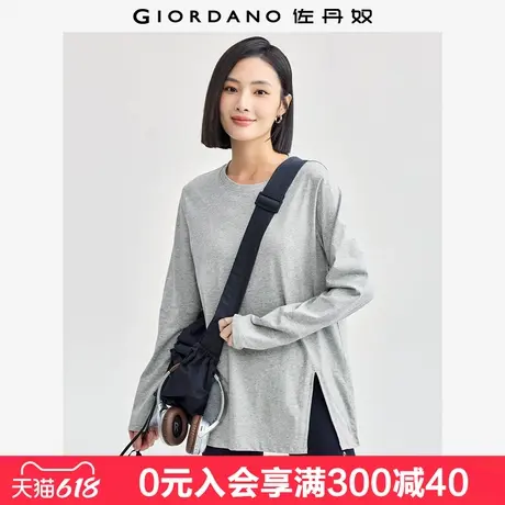 佐丹奴长袖T恤女新款简约纯色纯棉侧开叉宽松圆领上衣女05324800图片