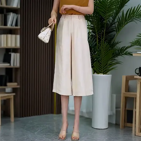 杏色天丝亚麻七分裤女高腰窄版直筒阔腿垂感轻薄夏季显瘦休闲裤商品大图