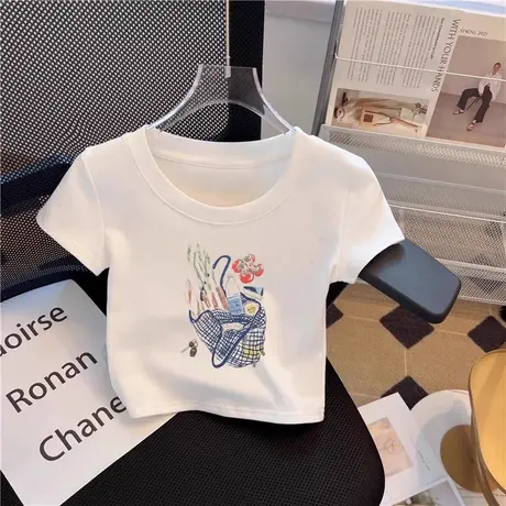 白色短款修身短袖女高腰显瘦上衣2025夏季新款内搭t恤辣妹ins百搭图片