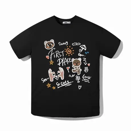 Ohlyah设计师原创卡通品牌小熊小太阳字母印花宽松学生短袖t恤女图片