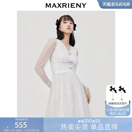 maxrieny复古波点连衣裙女春款网纱蕾丝短裙洋气商品大图