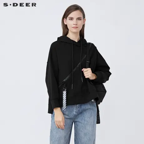sdeer圣迪奥春装抽绳连帽拉链拼接黑色卫衣外套S21362207图片