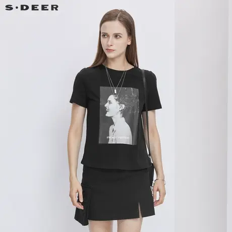 sdeer圣迪奥夏装简约圆领人像印花短袖黑色T恤S21260143图片