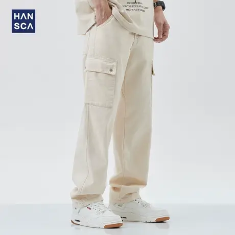 hansca美式牛仔裤男宽松直筒春季新款潮牌复古工装大口袋休闲长裤商品大图