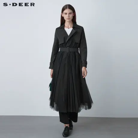 【直播间专属】S·DEER圣迪奥女装网纱拼接收腰长款风衣S21181819图片