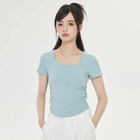 尔给短袖t恤显瘦夏季小众修身设计感辣妹百搭纯色打底短款上衣女图片
